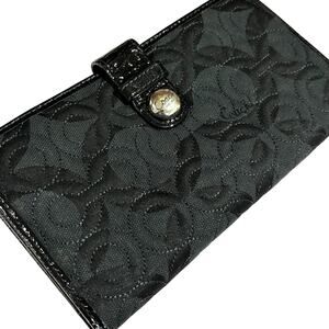 Coach black quilted wallet clutch gray leather interior signature C logo canvas